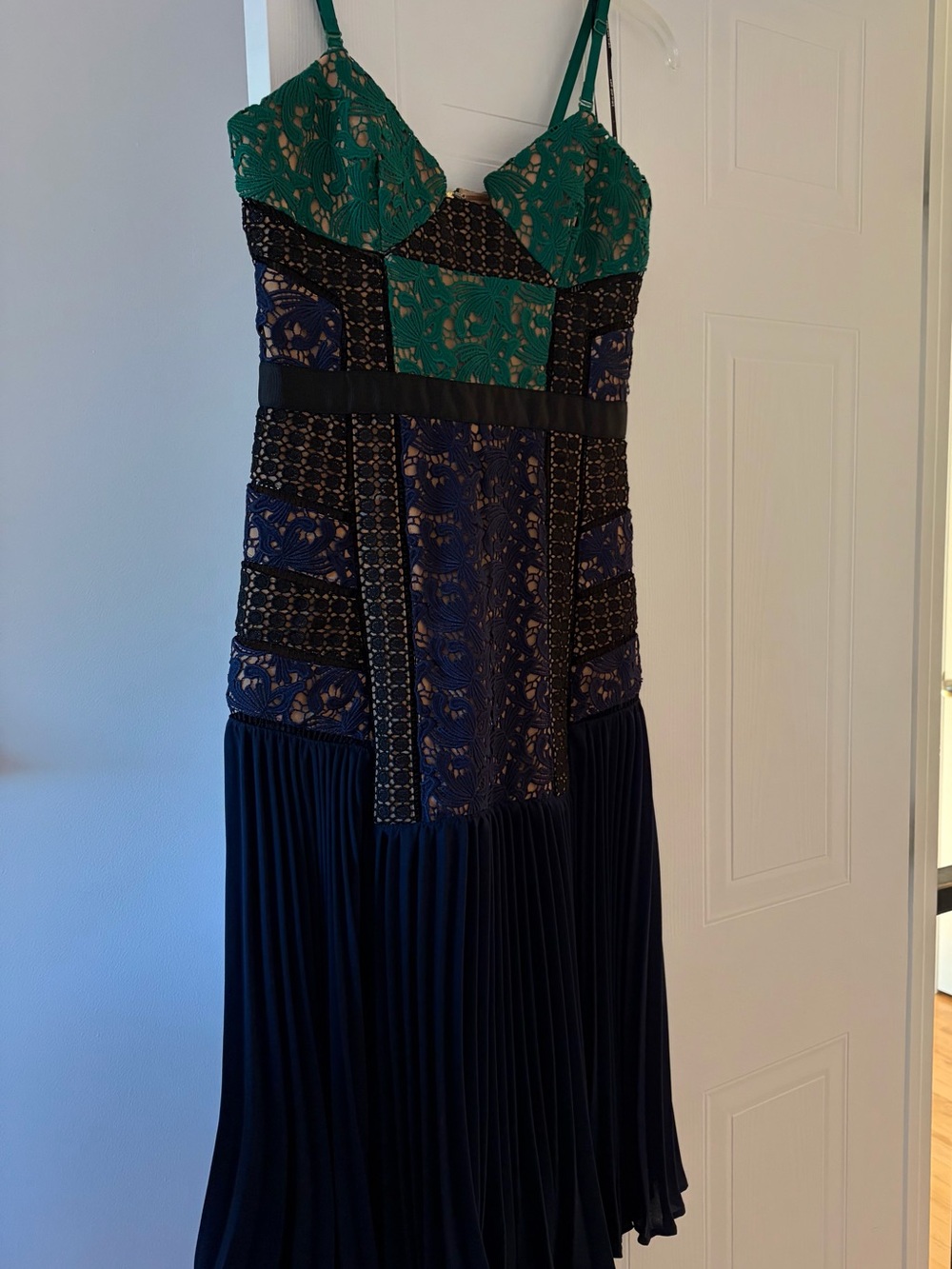 Self-Portrait Green and Navy Lace-Panel Midi Dress